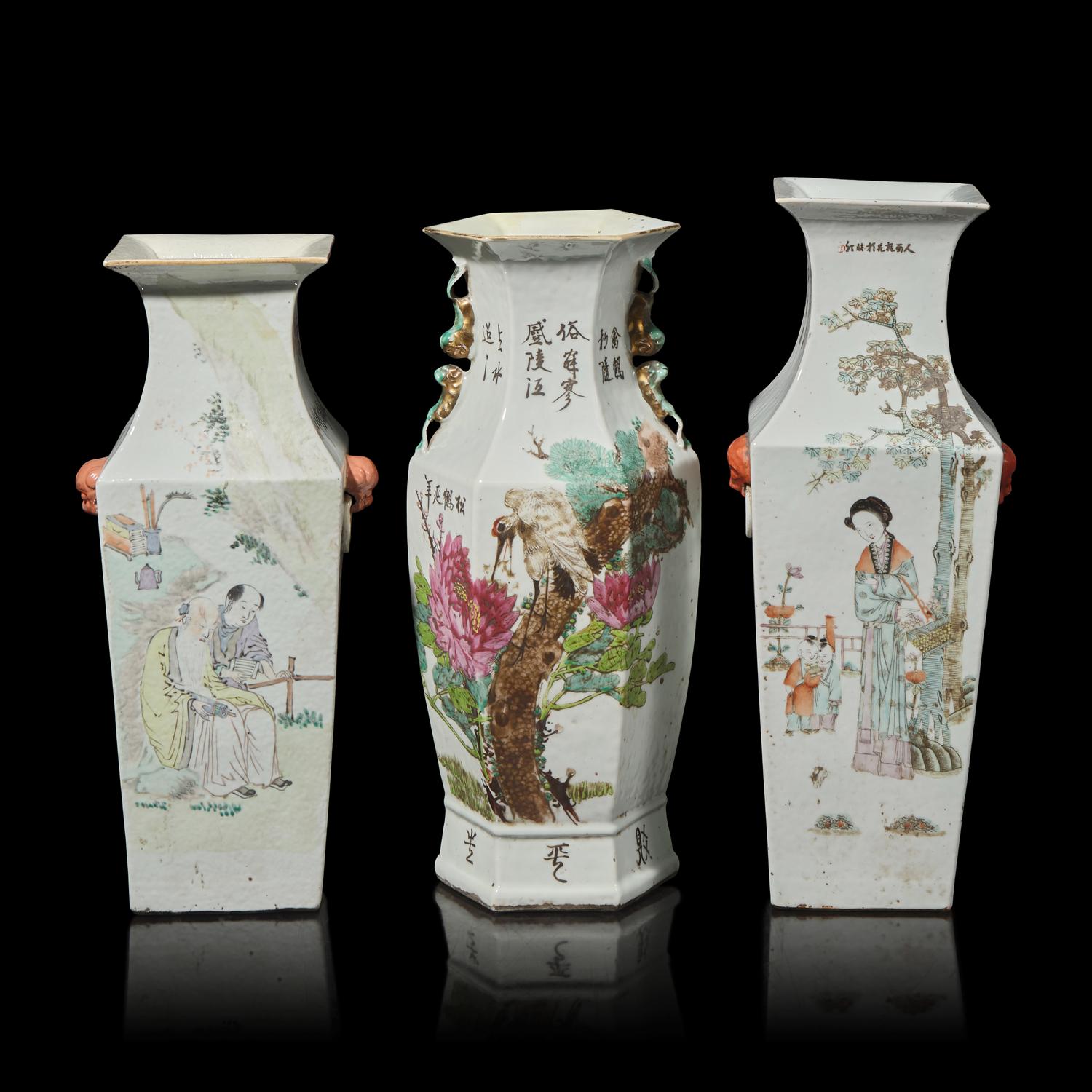 Three Chinese Qianjiang Porcelain Vases, 20th Century 民國 淺绛彩賞瓶三件