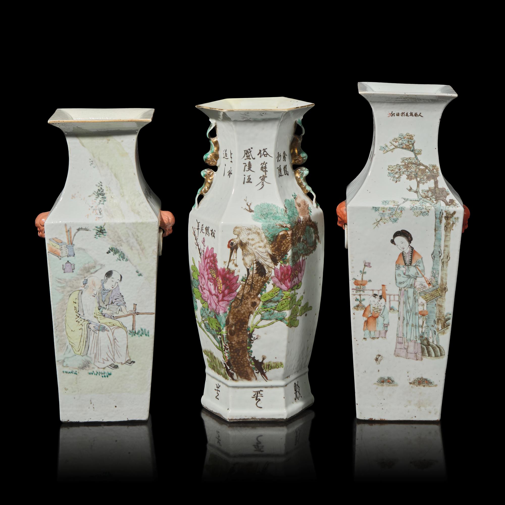 Three Chinese Qianjiang Porcelain Vases, 20th Century 民國 淺绛彩賞瓶三件