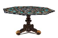 A Continental Pietra Dura, Turquoise, Abalone and Lapis Lazuli Table on a Bronze Base