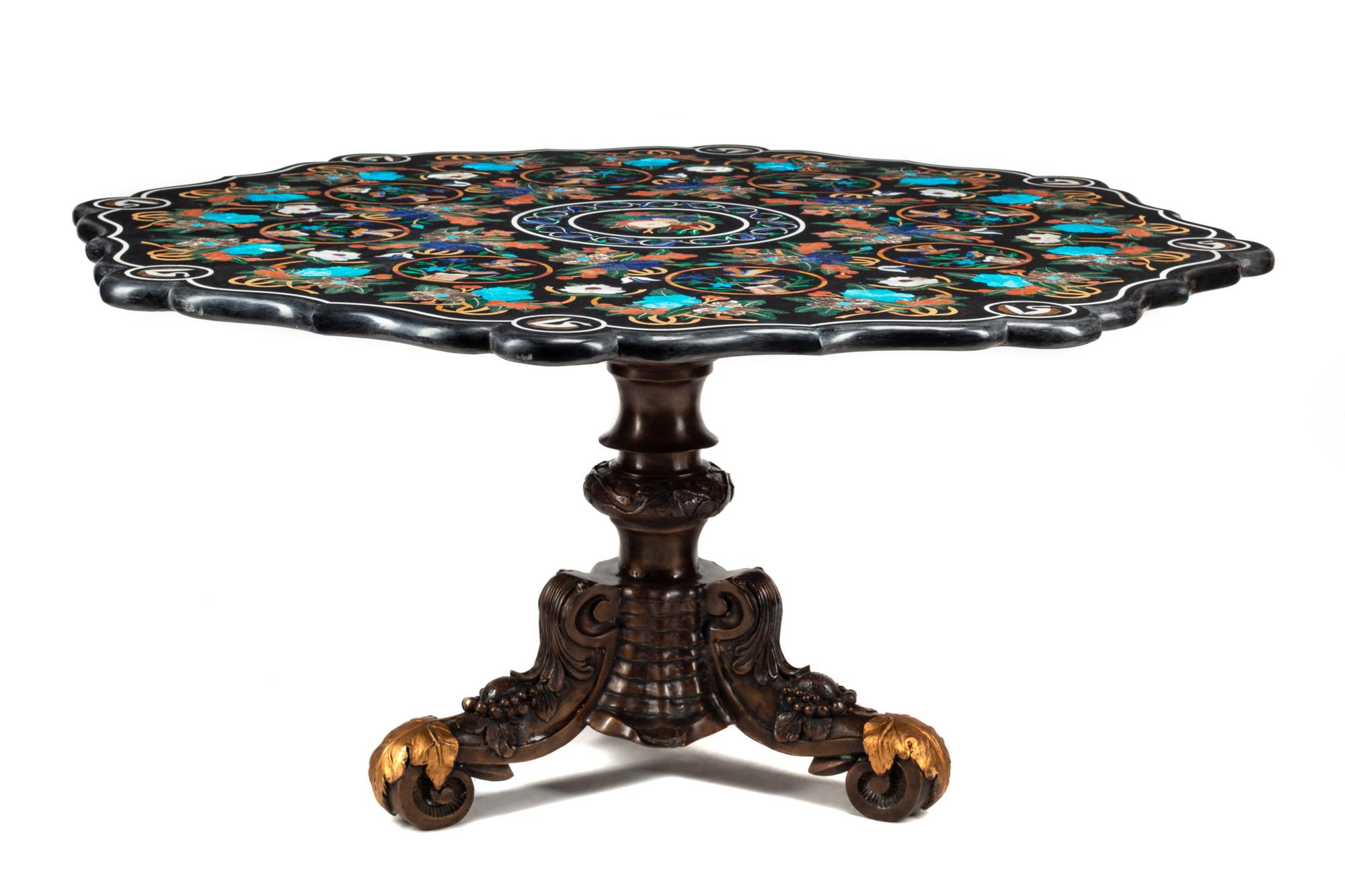 A Continental Pietra Dura, Turquoise, Abalone and Lapis Lazuli Table on a Bronze Base