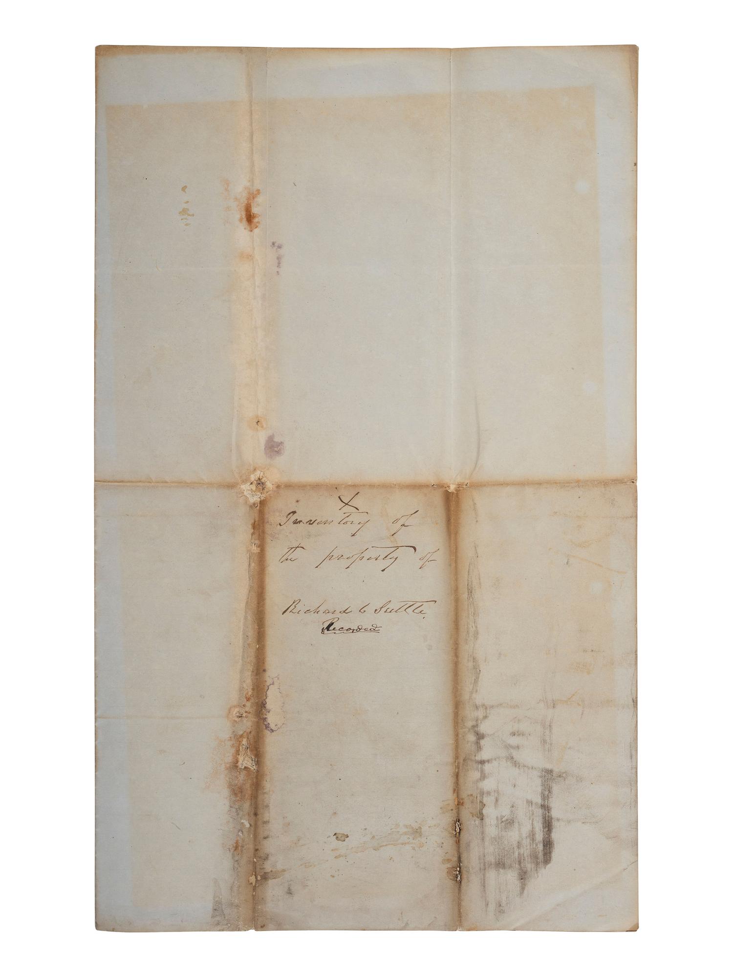 [ENSLAVEMENT & ABOLITION]. Manuscript inventory and account of the sales of the estate of Richard C. Suttle, referencing 41 enslaved persons. Pulaski, TN, 1858.