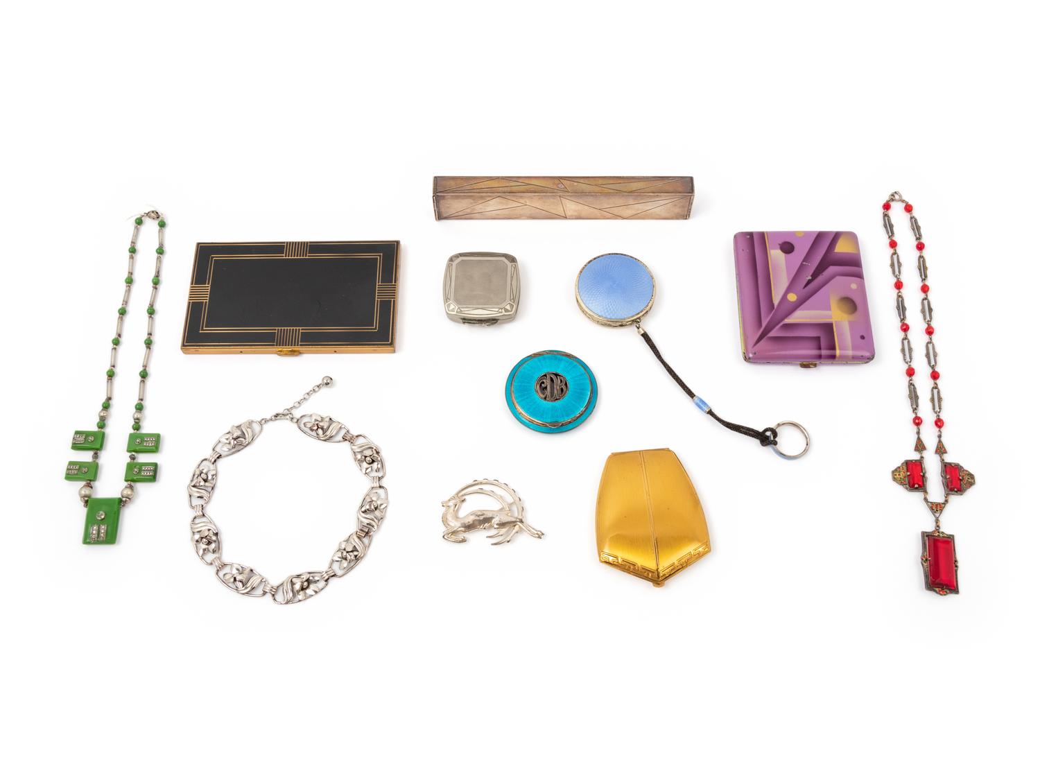 Eleven Pieces of Costume Jewelry, Cosmetics, and Smoking Accessories, 1920-40s