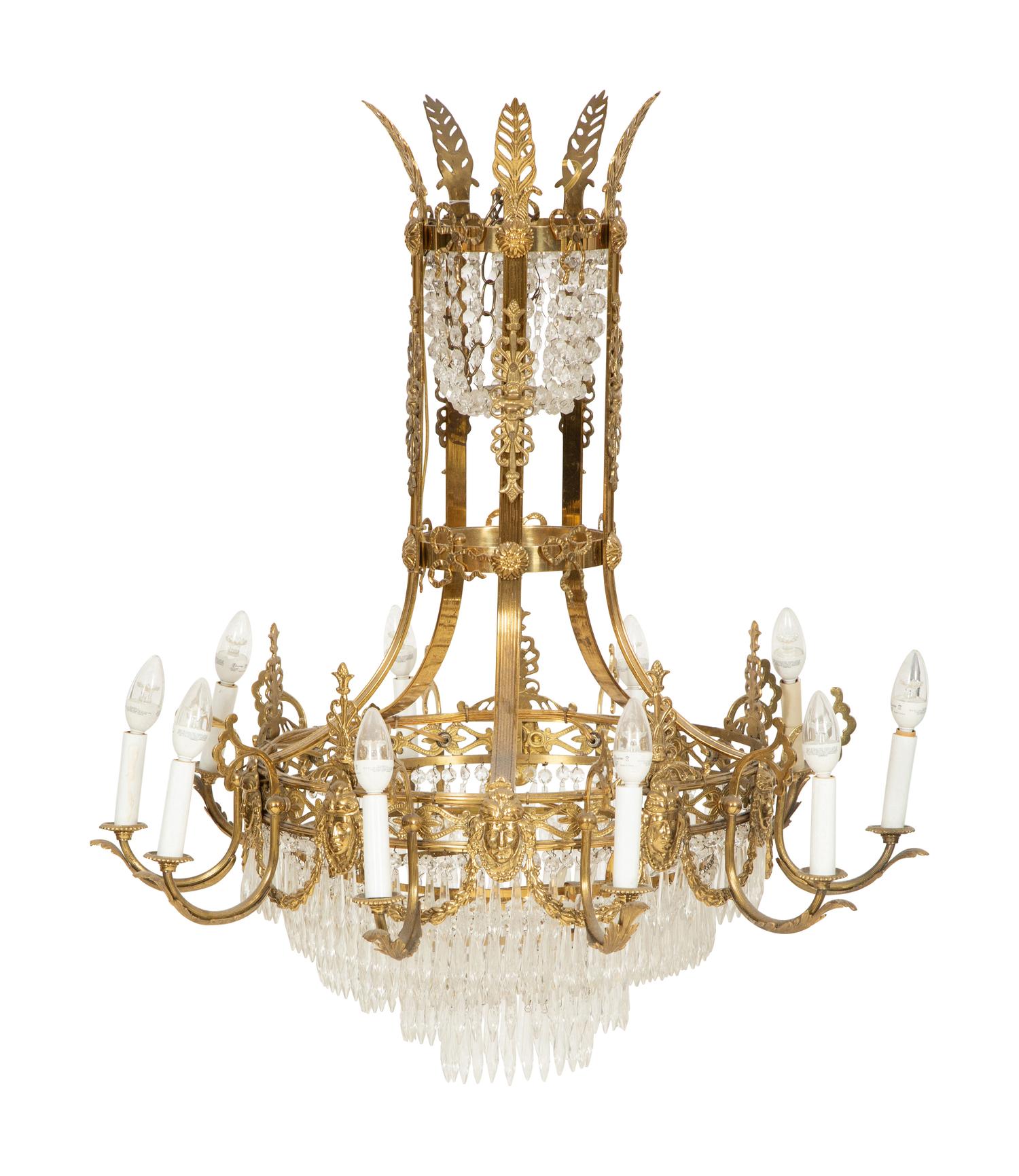 An Empire Style Gilt Metal and Cut Glass Ten-Light Chandelier