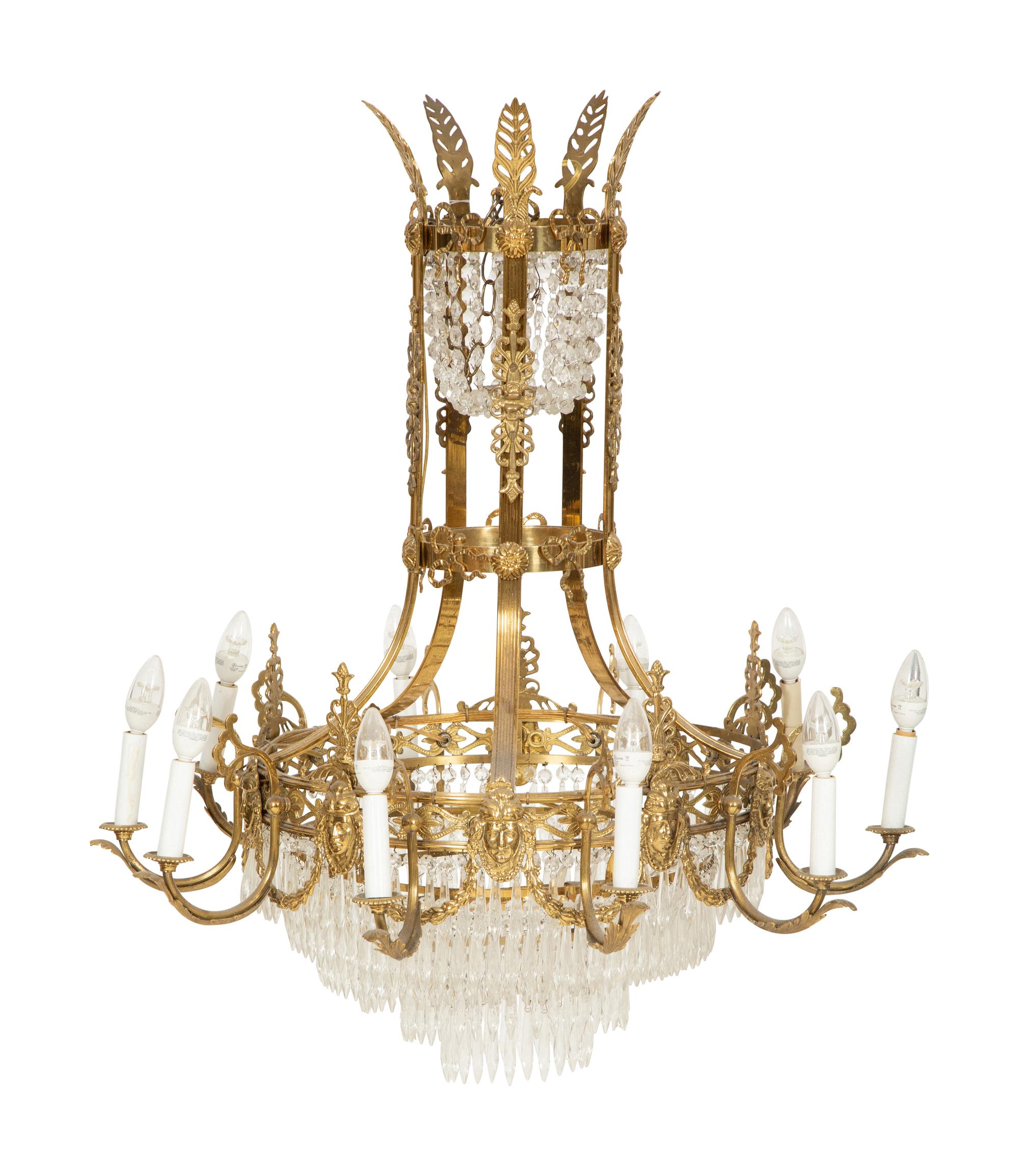An Empire Style Gilt Metal and Cut Glass Ten-Light Chandelier