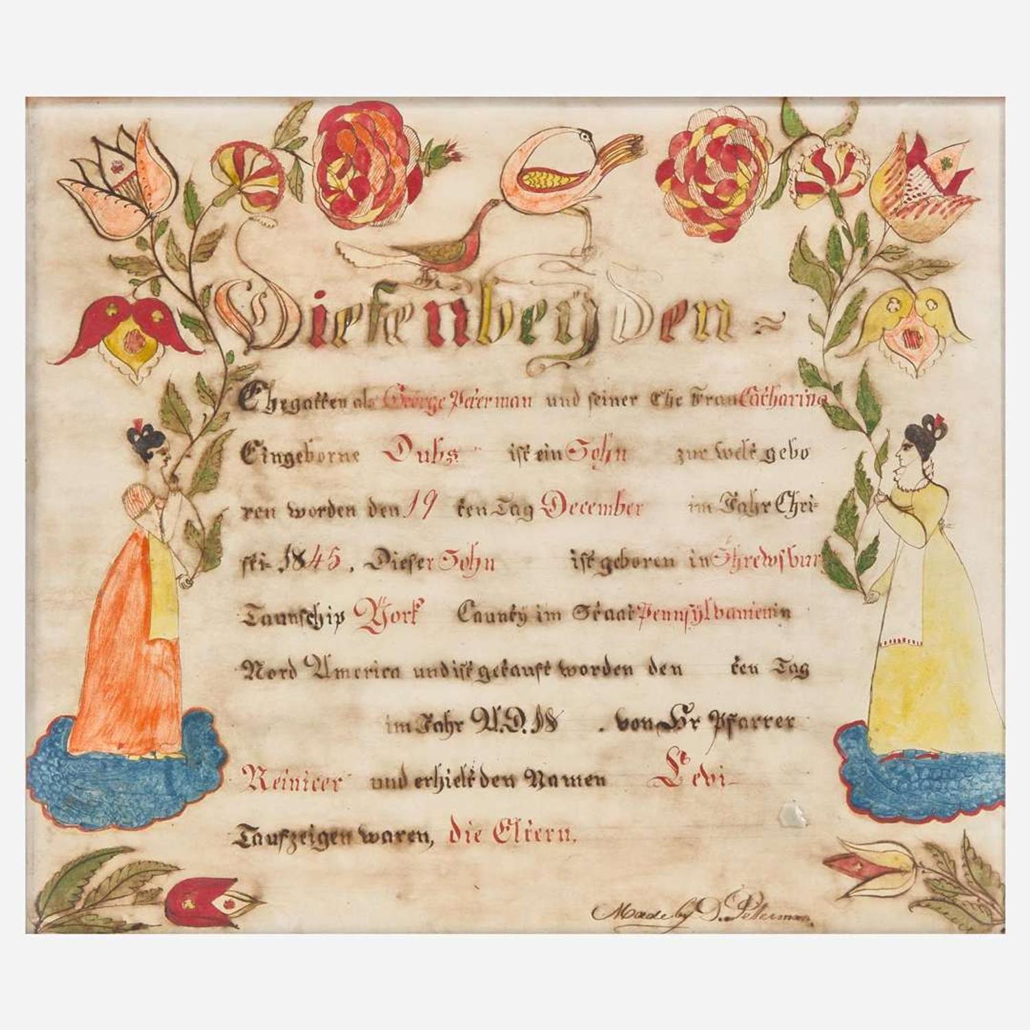 A birth and baptism Fraktur for John Peterman Daniel Peterman (1797-1871), circa 1845