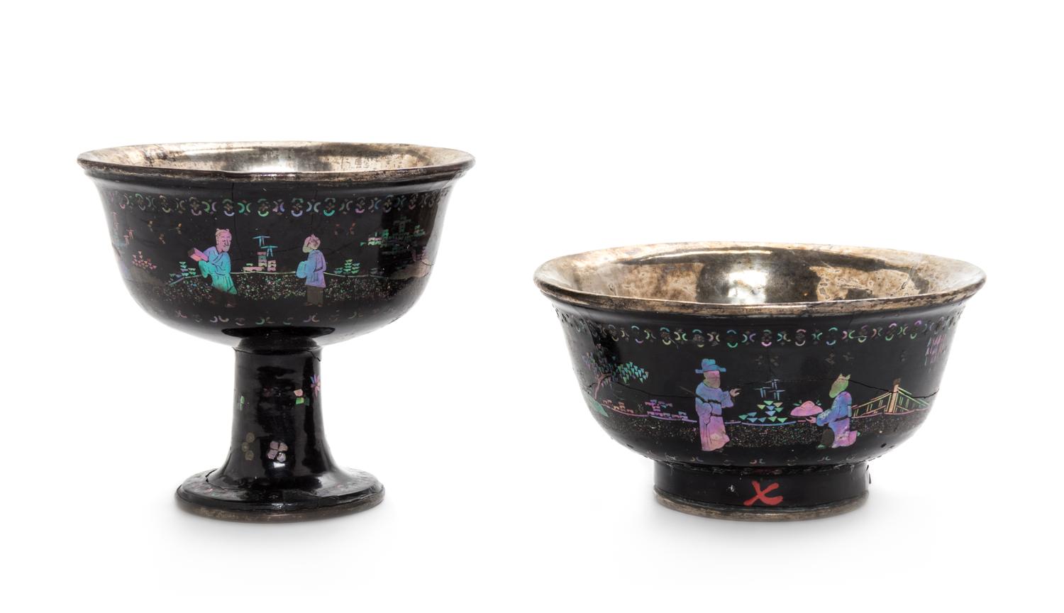 Two Mother-of-Pearl Decorated Black Lacquered Silver Wares — QING DYNASTY (1644-1912)