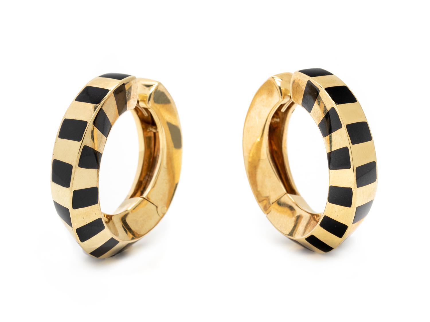 TIFFANY & CO., YELLOW GOLD AND ONYX HOOP EARRINGS