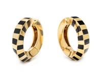 TIFFANY & CO., YELLOW GOLD AND ONYX HOOP EARRINGS