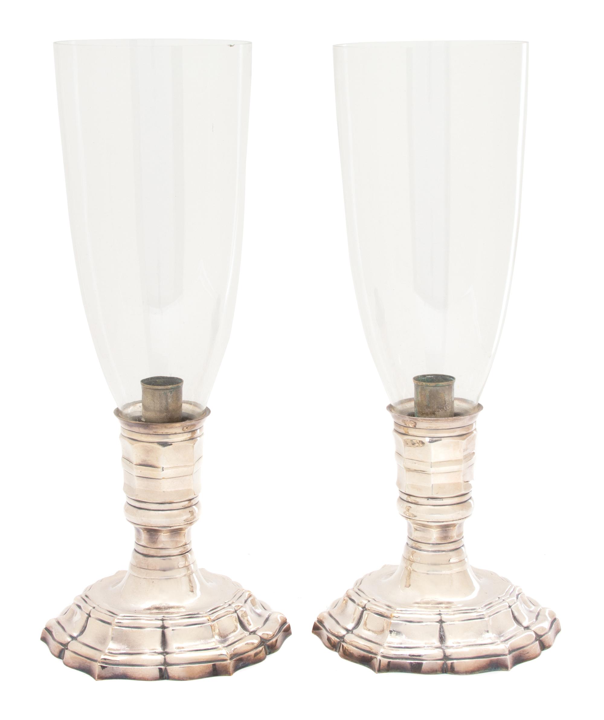 A Pair of English Silver Plate and Glass Hurricane Shades Height 15 inches. — 19TH CENTURY