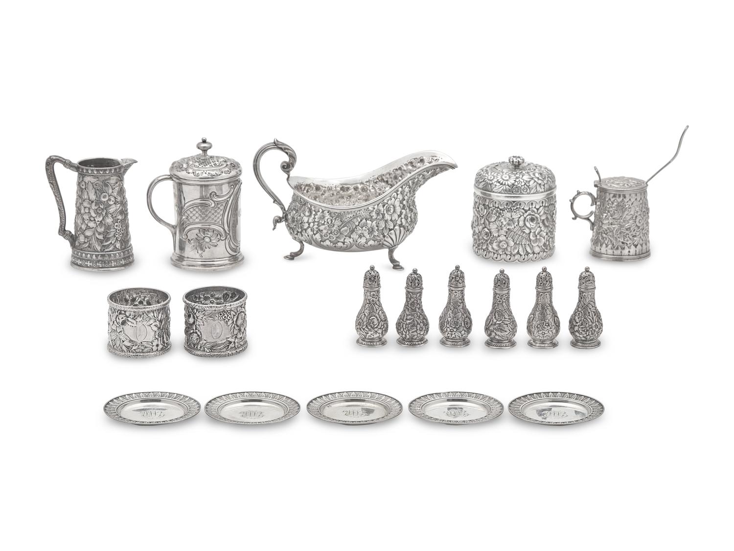 An Assembled Group of Sterling Silver Floral Repousse Tablewares, Tiffany & Co., New York, NY, Dates Ranging 1853 to Late 19th Century