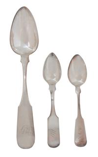 A Group of Eighteen Coin Silver Spoons, Various makers, monogrammed, comprising 15 Cheadell & Co. Auburn spoons, a Clayton spoon, 2 H.J