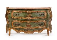 A Venetian Painted and Parcel Gilt Commode Height 34 x width 59 x depth 24 1/4 inches.