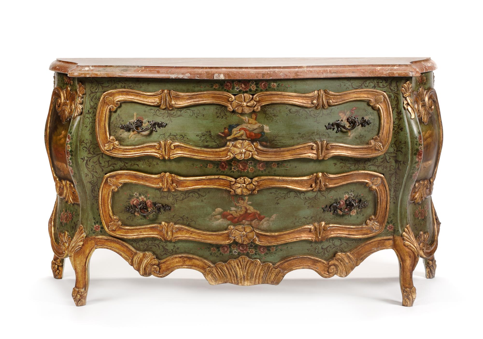 A Venetian Painted and Parcel Gilt Commode Height 34 x width 59 x depth 24 1/4 inches.