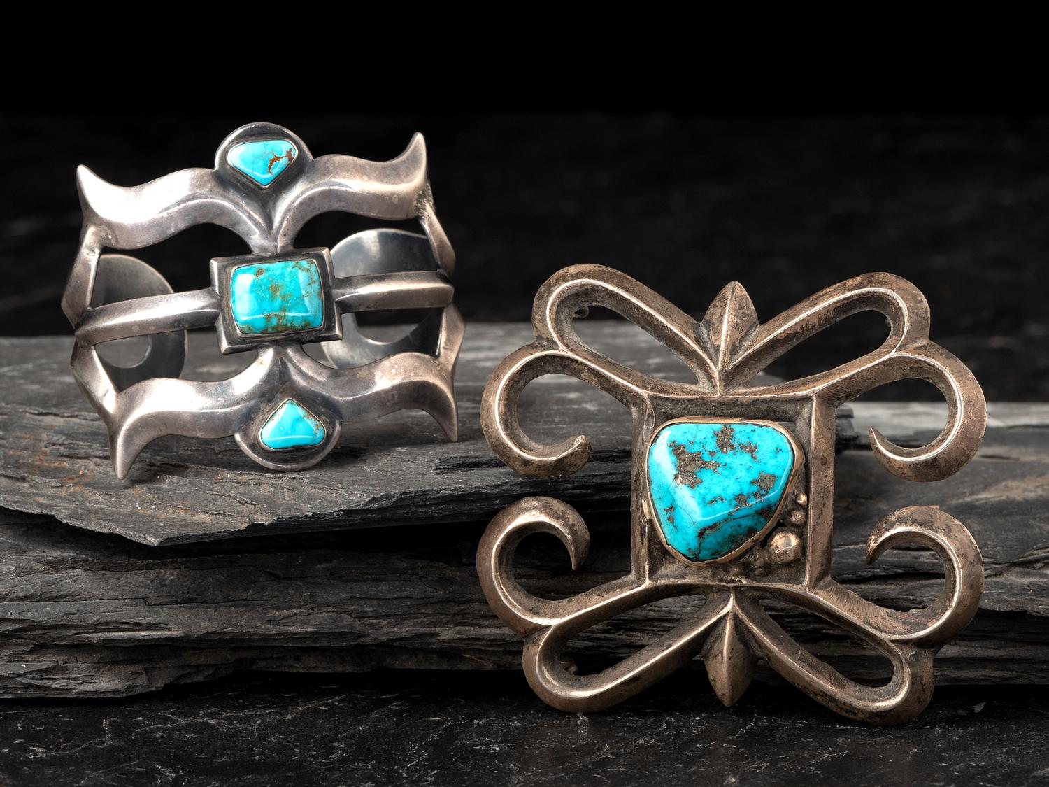 Navajo Sand Cast Silver and Turquoise Cuff Bracelet and Ketoh Concha