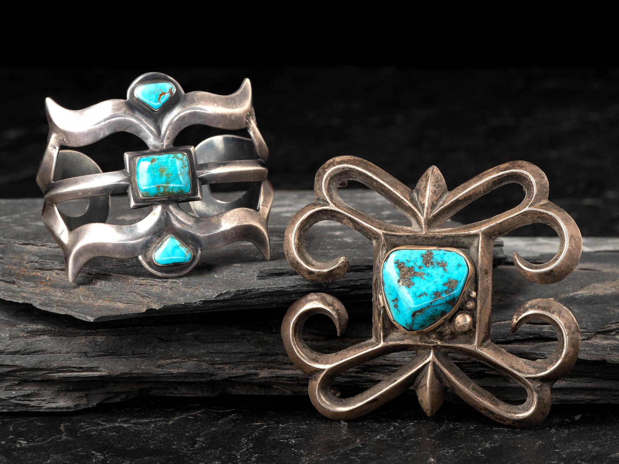 Navajo Sand Cast Silver and Turquoise Cuff Bracelet and Ketoh Concha