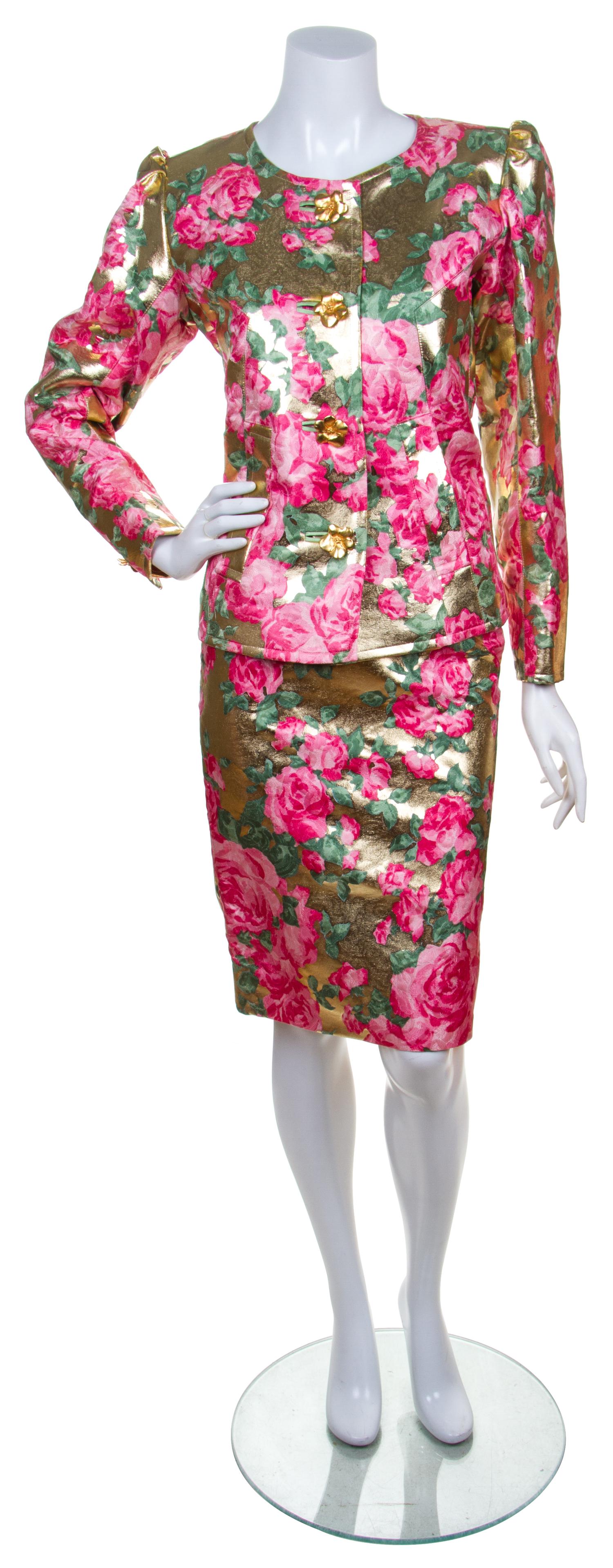 An Yves Saint Laurent Metallic Gold and Pink Rose Applique Suit, Jacket size 36, skirt size 38.