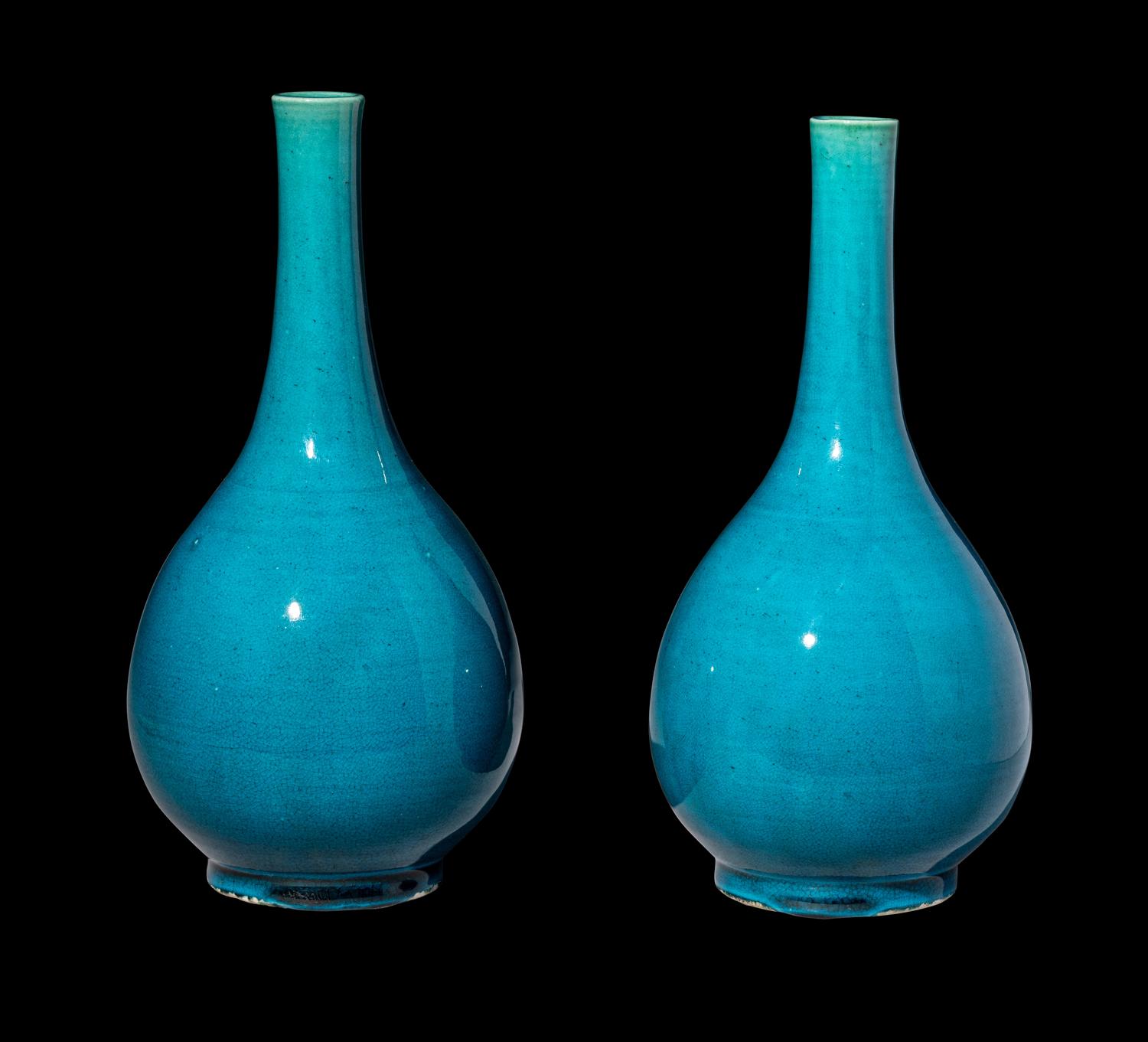 A Pair of Chinese Turquoise Glazed Porcelain Bottle Vases