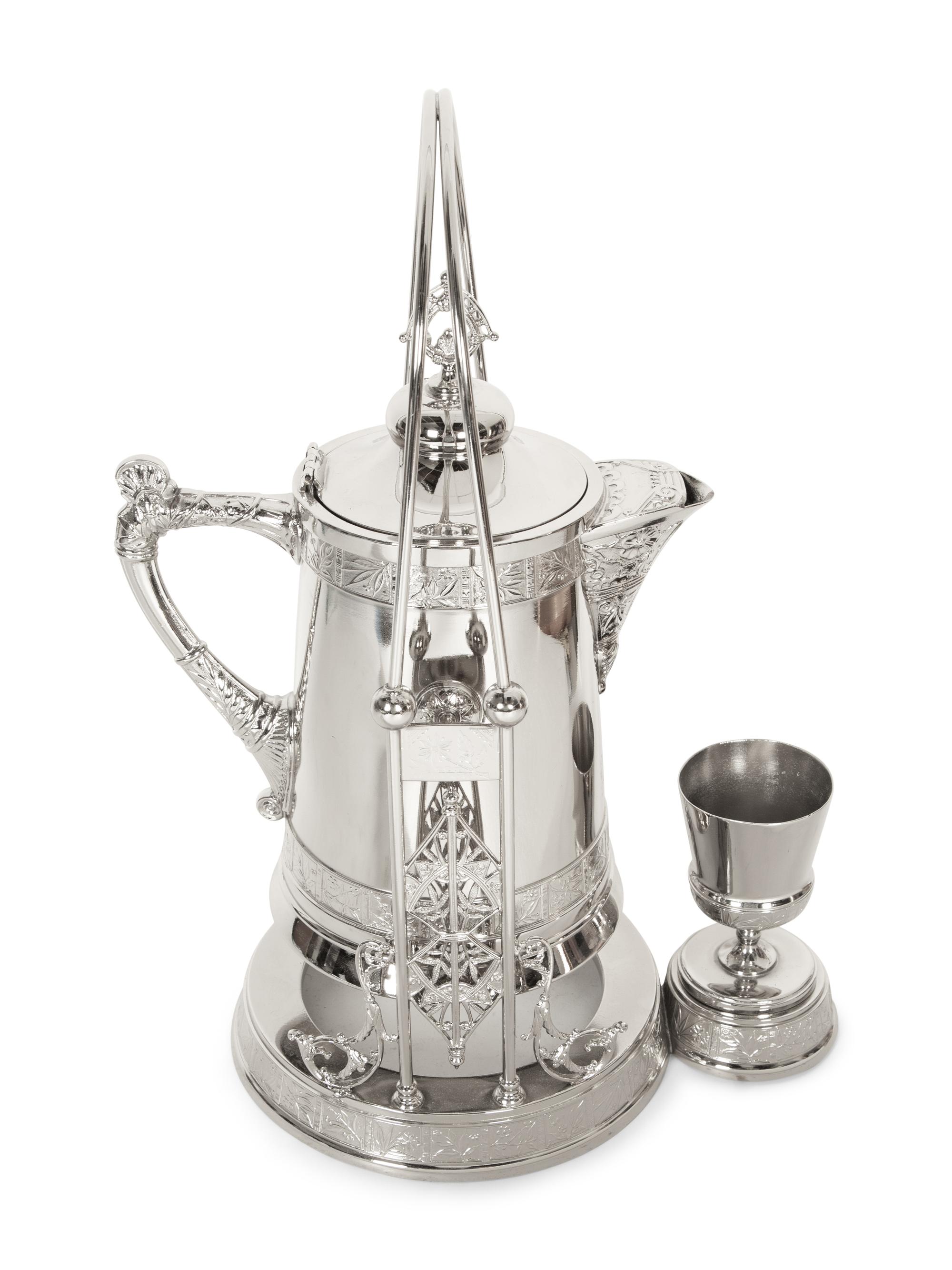 A Victorian Style Silver-Plated Tilting Pitcher and Goblet on Stand