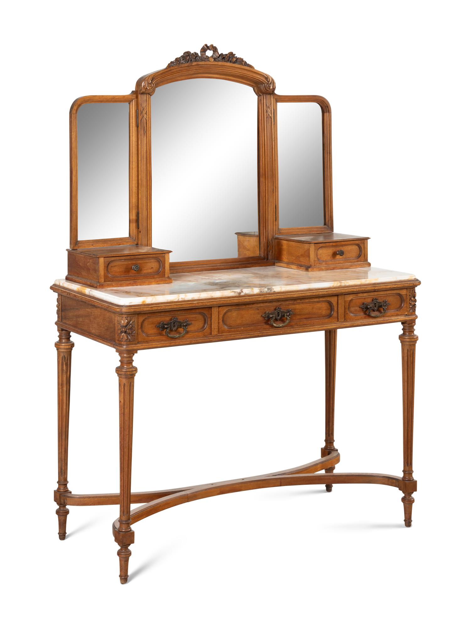 A Louis XVI Style Walnut Marble-Top Dressing Table