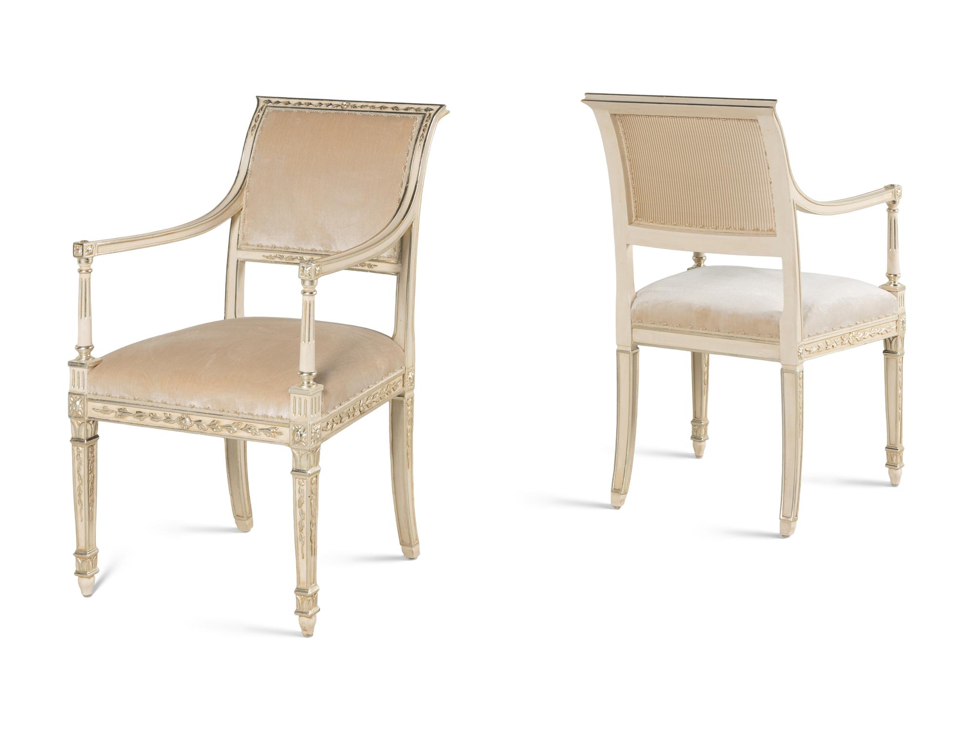 A Set of Ten Dennis and Leen Painted and Parcel Gilt Dining Chairs