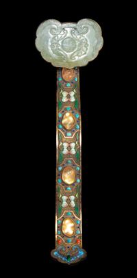 A Jadeite, Tourmaline and Hardstone Inset Enameled Metal Ruyi Scepter Length 13 inches. — LATE QING DYNASTY
