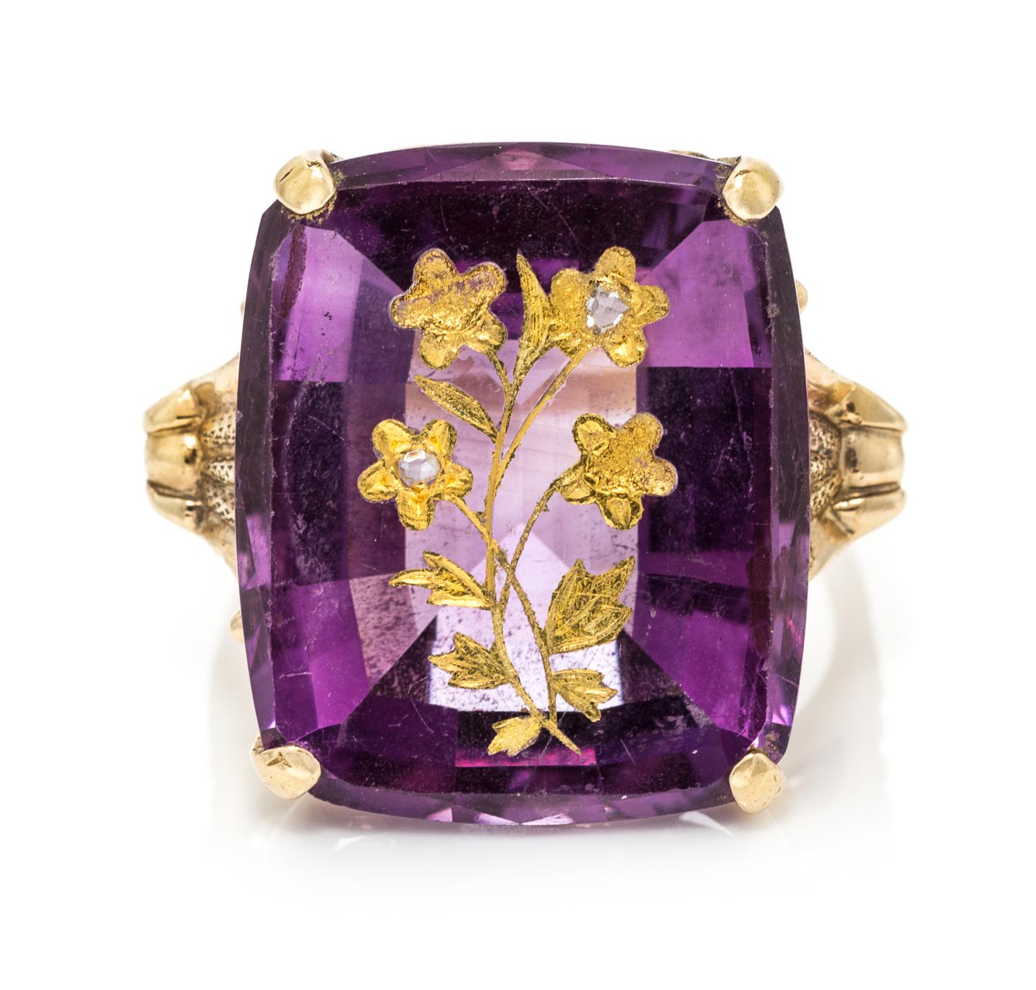 A Yellow Gold, Amethyst and Diamond Ring, 6.30 dwts.