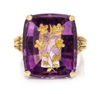 A Yellow Gold, Amethyst and Diamond Ring, 6.30 dwts.