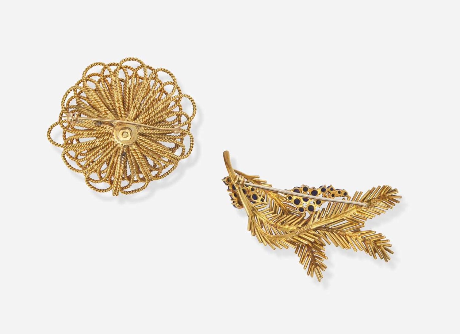 A Pair of Yellow Gold and Gemstone Brooches