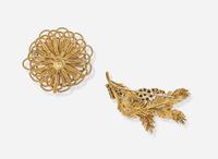 A Pair of Yellow Gold and Gemstone Brooches