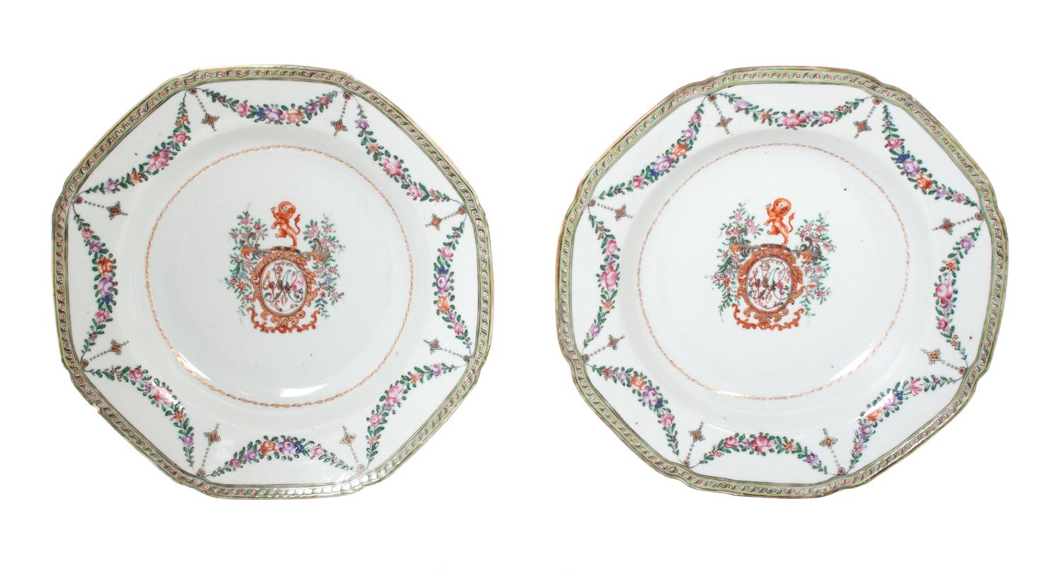 A Pair of Chinese Famille Rose Decorated Armorial Export Plates Diameter 9 1/8 inches.