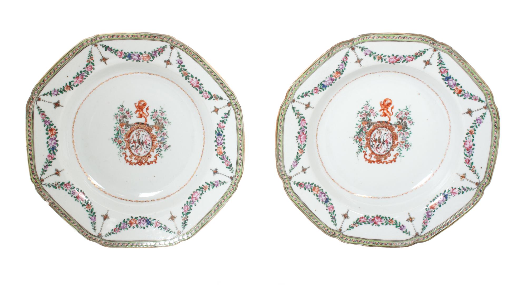 A Pair of Chinese Famille Rose Decorated Armorial Export Plates Diameter 9 1/8 inches.