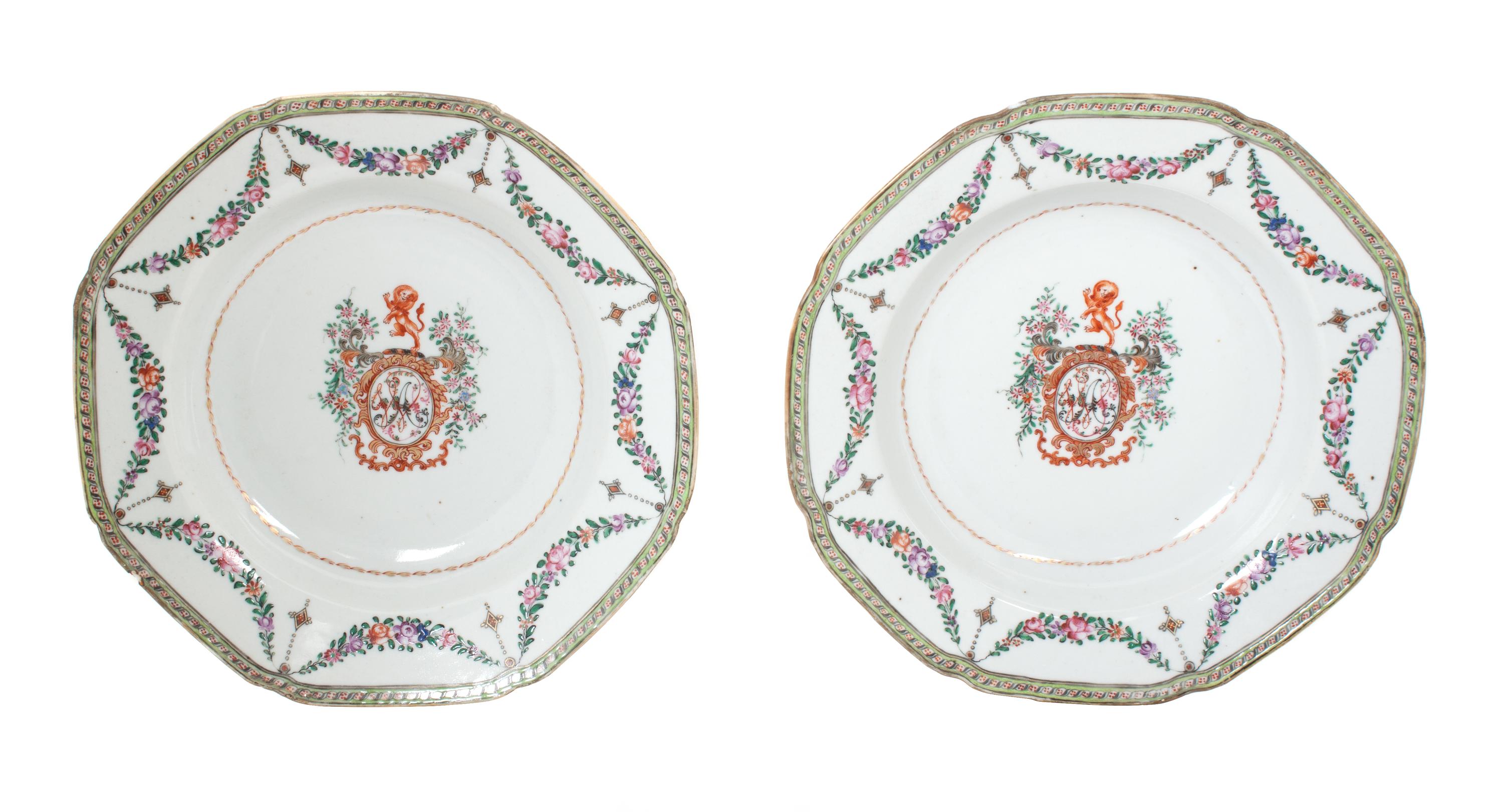 A Pair of Chinese Famille Rose Decorated Armorial Export Plates Diameter 9 1/8 inches.