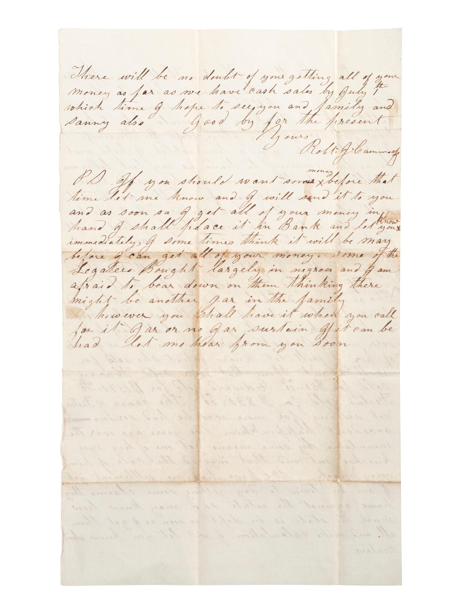 [SLAVERY & ABOLITION]. Letter detailing the sale of enslaved persons "Harry, Festus and Edward." 23 January 1860.
