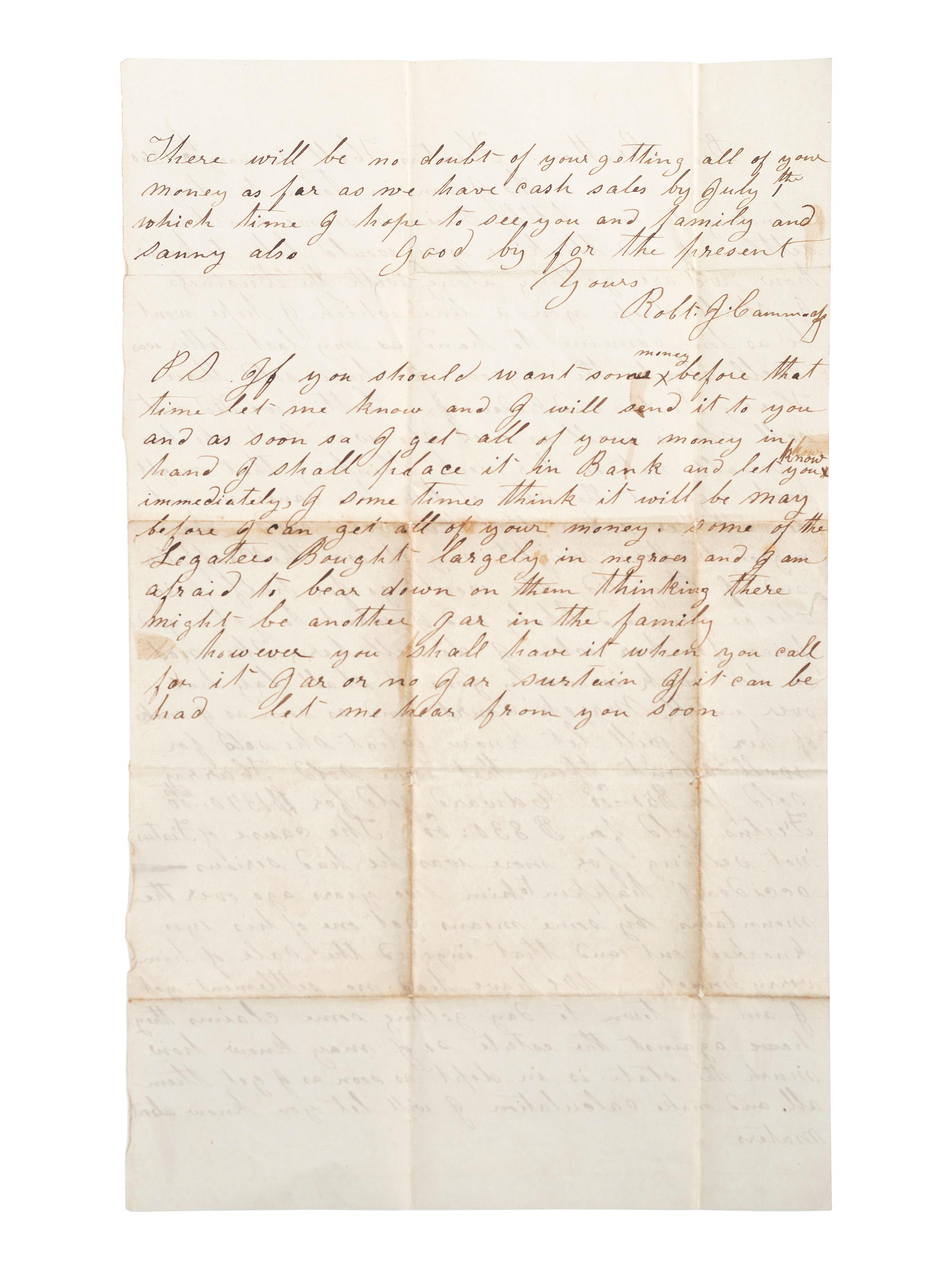 [SLAVERY & ABOLITION]. Letter detailing the sale of enslaved persons "Harry, Festus and Edward." 23 January 1860.