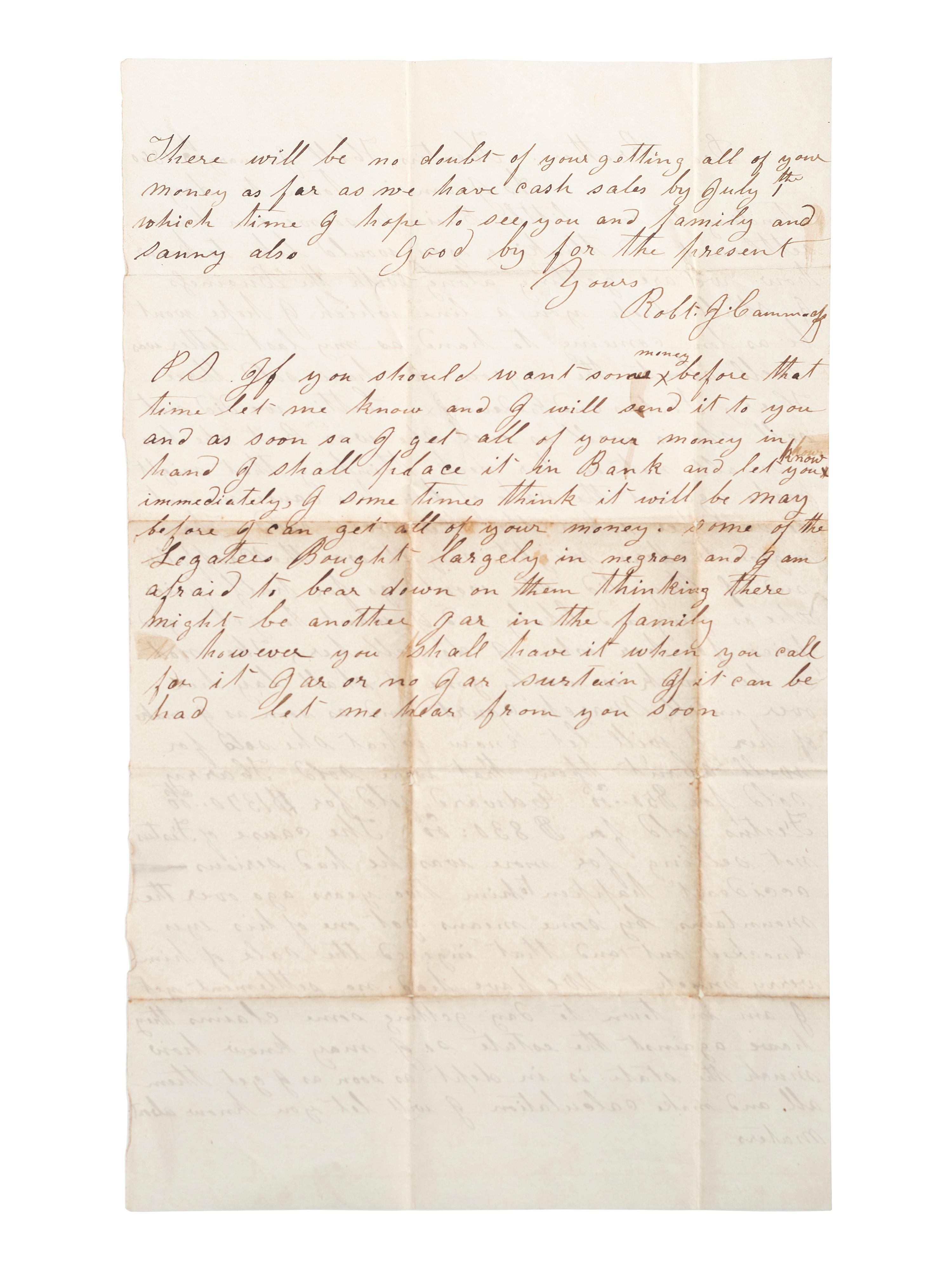[SLAVERY & ABOLITION]. Letter detailing the sale of enslaved persons "Harry, Festus and Edward." 23 January 1860.