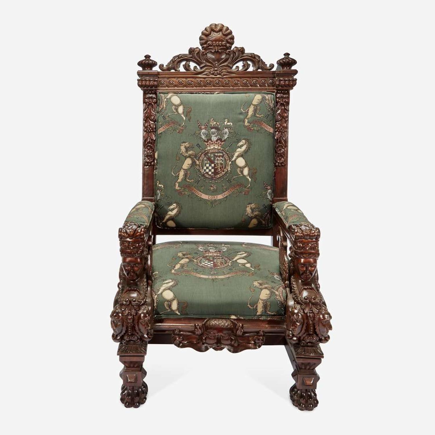 A Large Carved Renaissance Revival Throne Chair Upholstered in Armorial Fabric