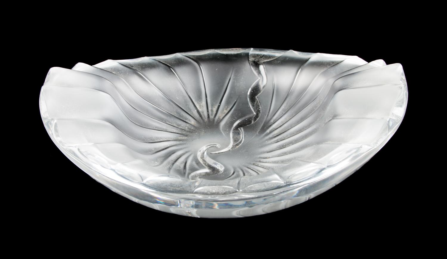 A Lalique Molded and Frosted Glass Ash Receiver Width 8 1/2 inches.