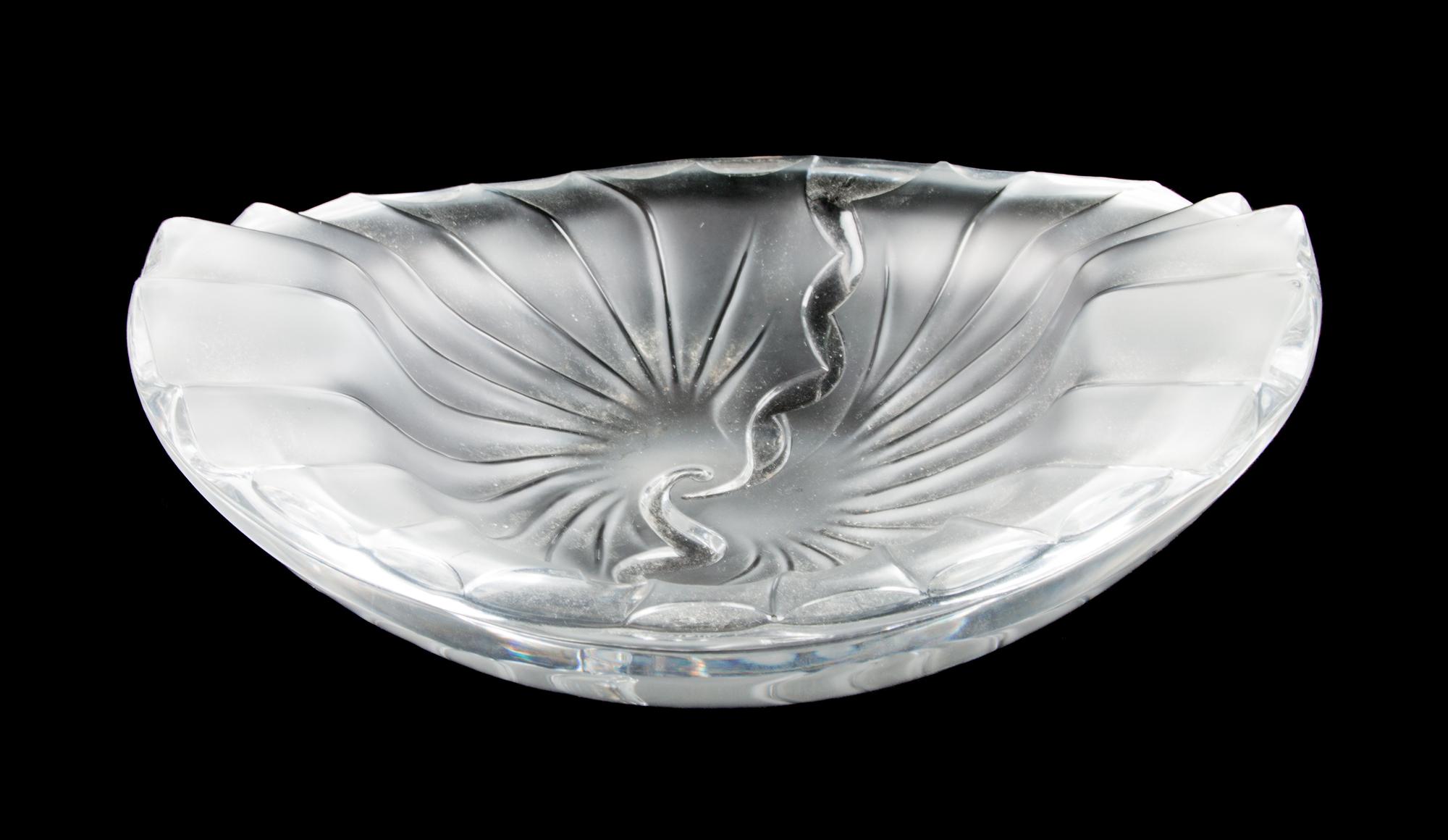 A Lalique Molded and Frosted Glass Ash Receiver Width 8 1/2 inches.