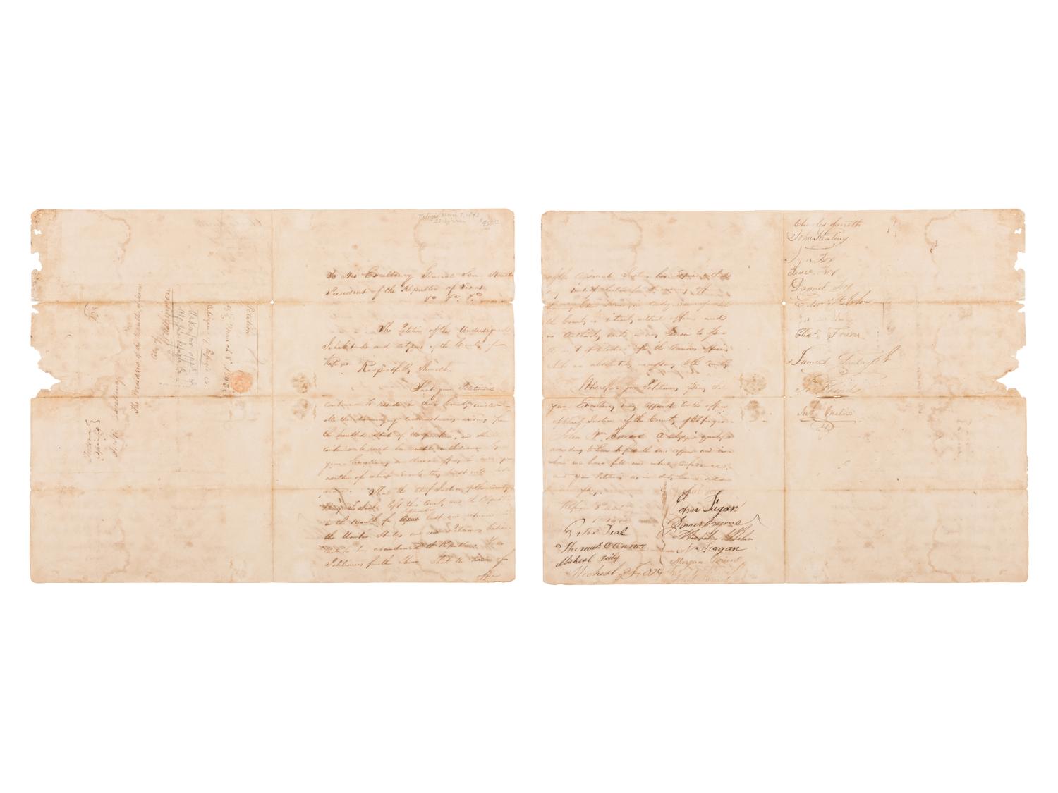 [HOUSTON, Sam]. Autograph document signed by 23 citizens, to Sam Houston. Refugio, 8 March 1843.