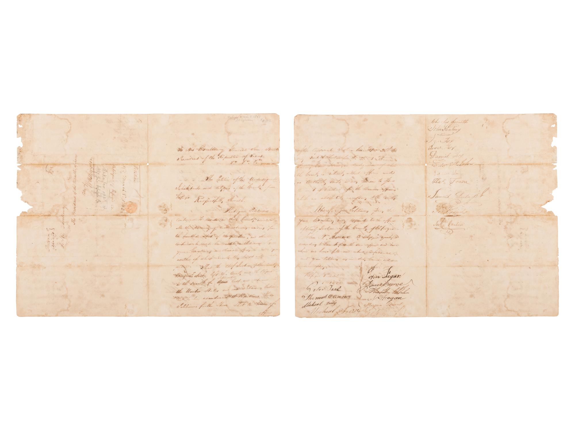 [HOUSTON, Sam]. Autograph document signed by 23 citizens, to Sam Houston. Refugio, 8 March 1843.