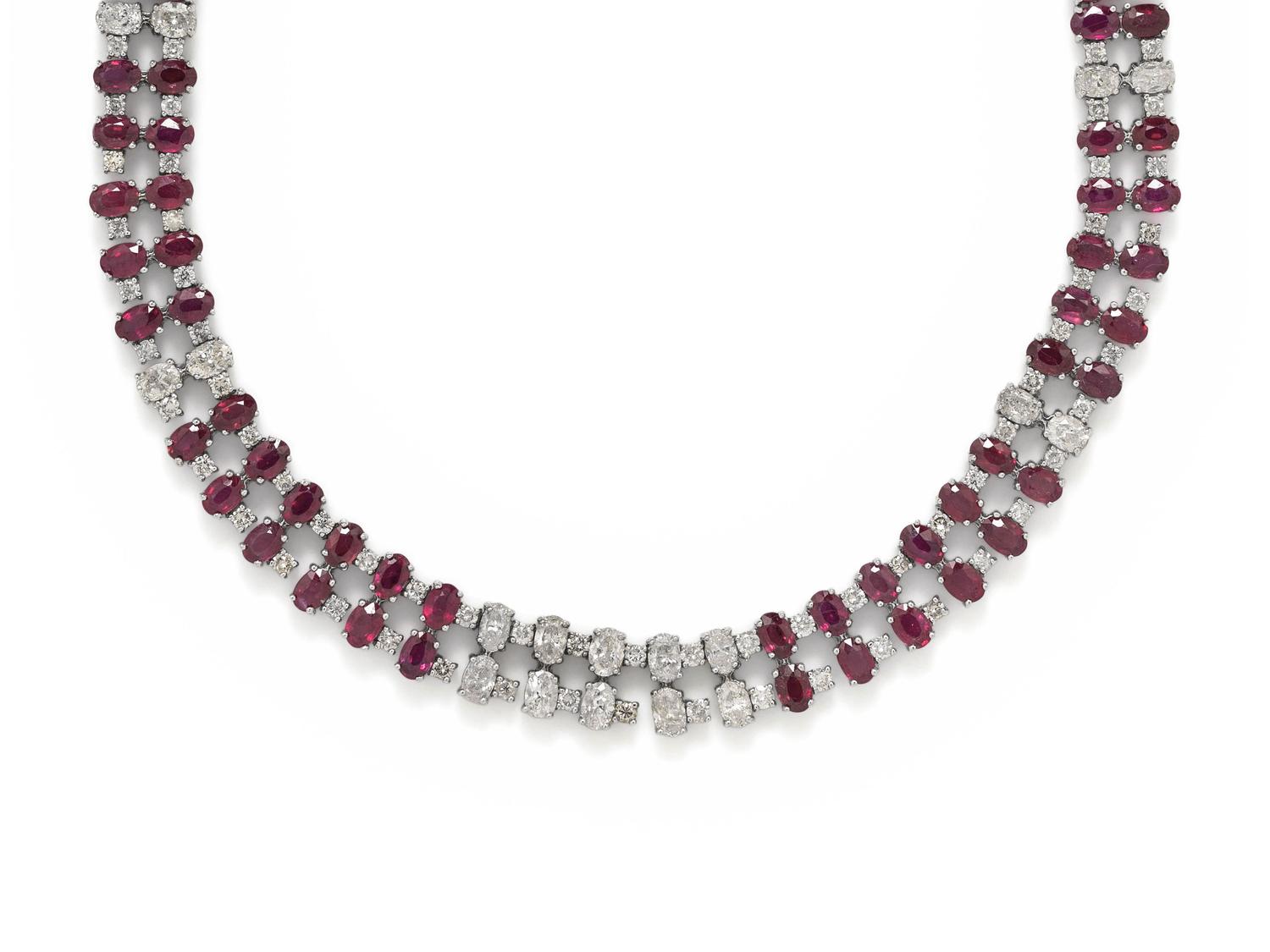 GLASS-FILLED RUBY AND DIAMOND NECKLACE