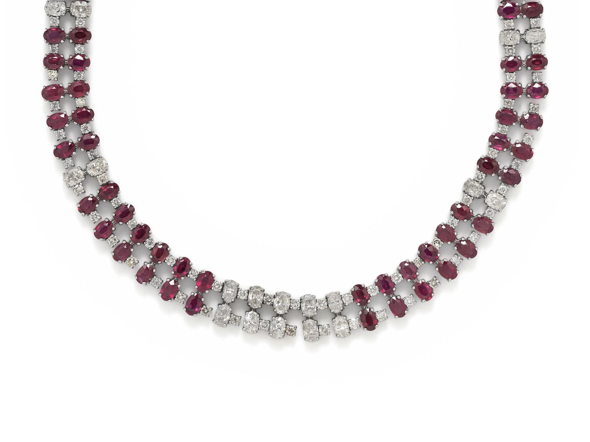 GLASS-FILLED RUBY AND DIAMOND NECKLACE