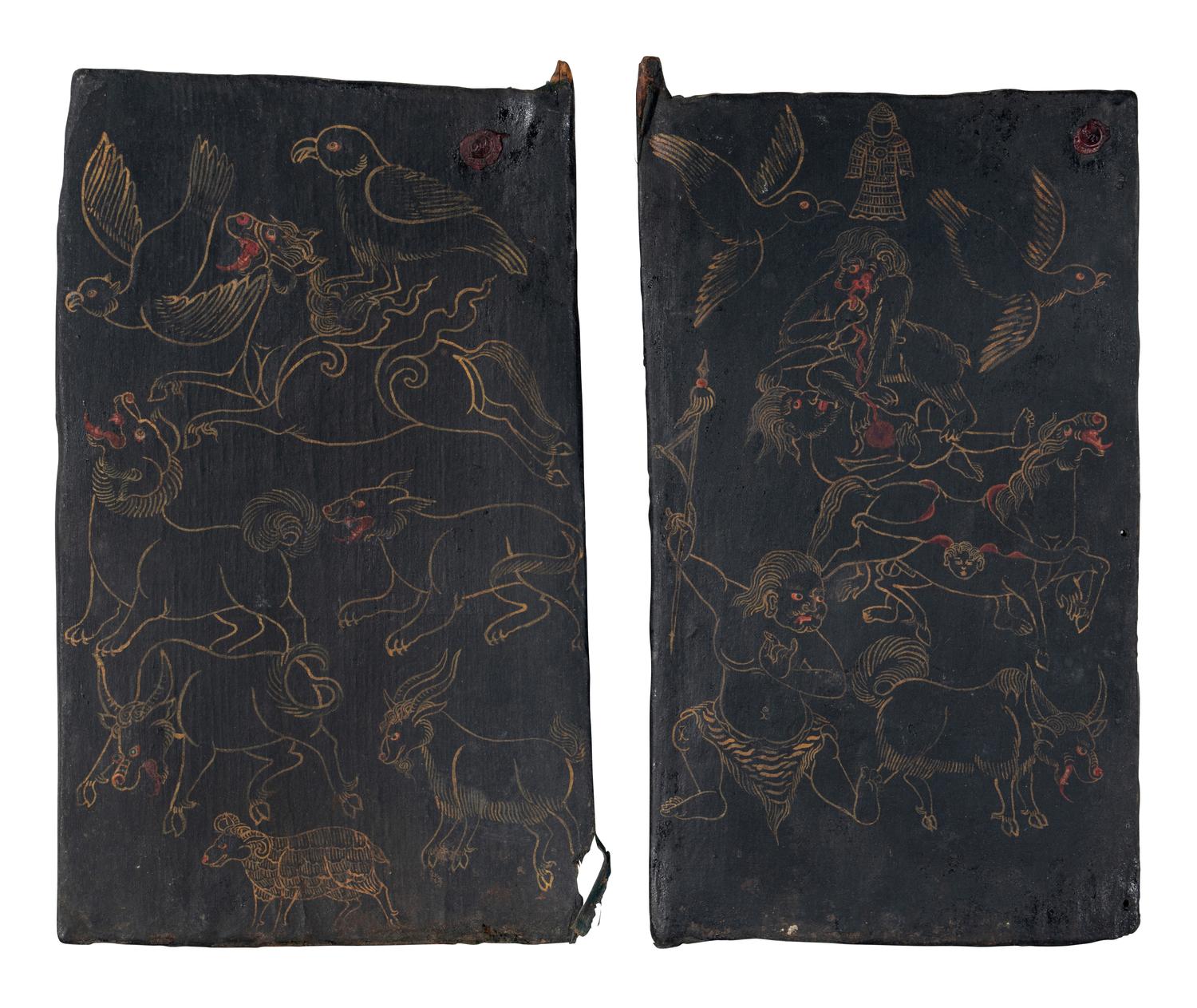 A Pair of Tibetan Painted Wood Door Panels