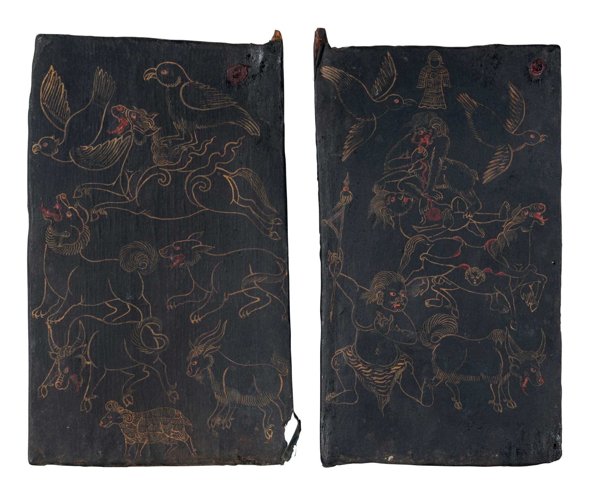 A Pair of Tibetan Painted Wood Door Panels
