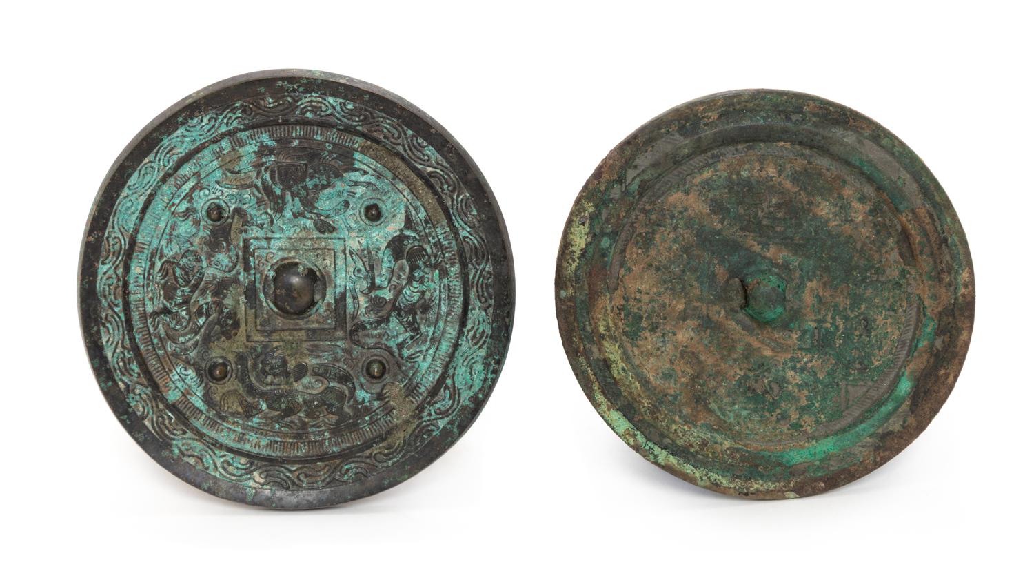 Two Chinese Bronze Mirrors Diameter of largest 7 1/2 inches.