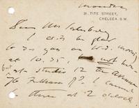 SARGENT, John Singer. Autographed letter signed ("John S Sargent"), to Mr. Salisbury, London, Monday (n.d., but 1885 or later).