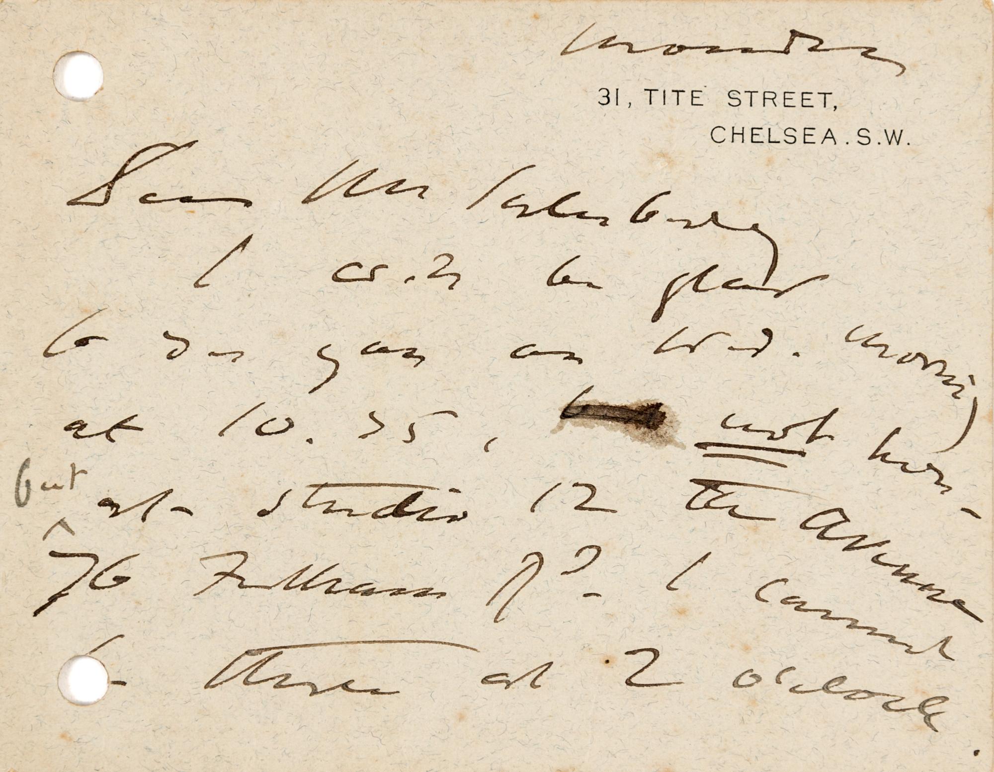 SARGENT, John Singer. Autographed letter signed ("John S Sargent"), to Mr. Salisbury, London, Monday (n.d., but 1885 or later).