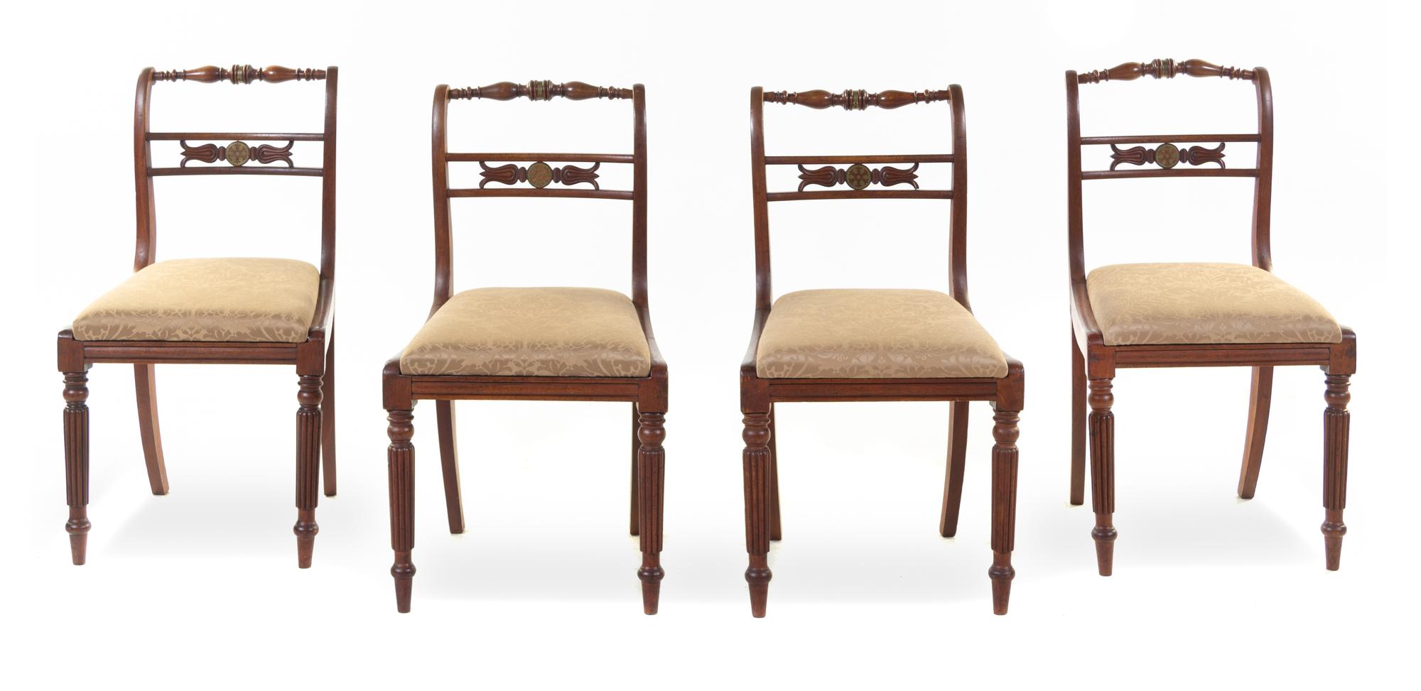 A Set of Four Regency Brass Inlaid Dining Chairs