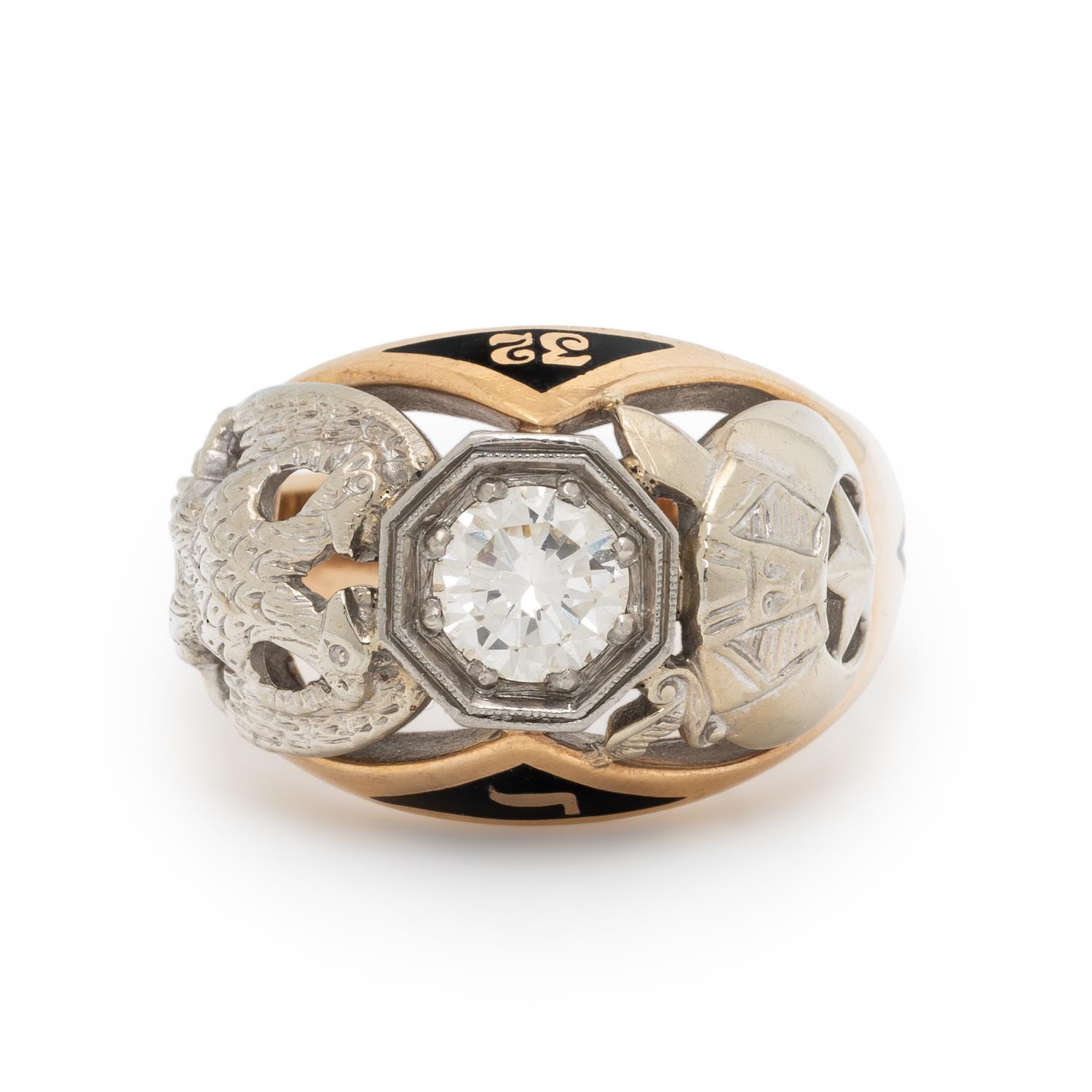 DIAMOND, ENAMEL, AND BICOLOR GOLD MASONIC RING
