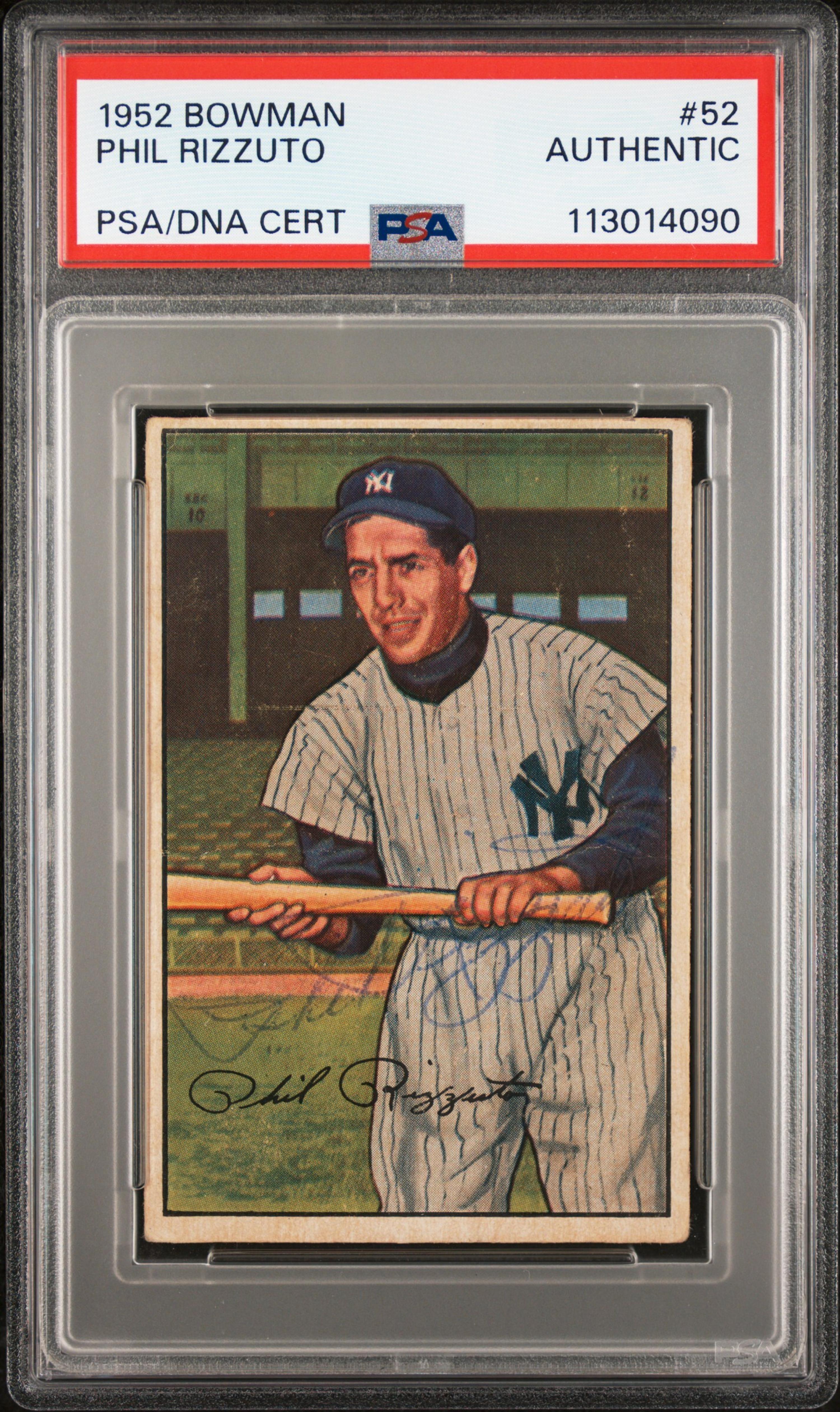 A 1952 Bowman Phil Rizzuto Signed Autograph Baseball Card No. 52 (PSA Authentic)